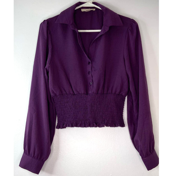 No Frills Tops - No Frills Crop Blouse Women M Purple Long Sleeve Smock Hem Collar V Neck Button